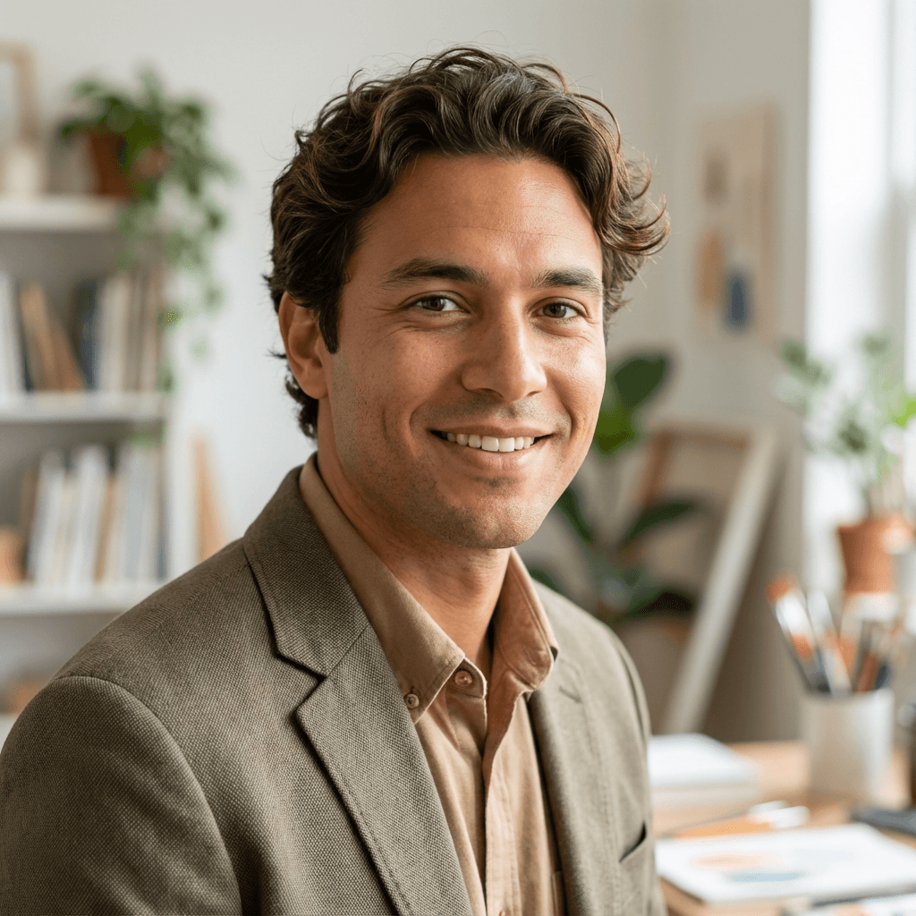 Samuel Hansen, founder of Perino Beauty Care, smiling in a bright, welcoming studio