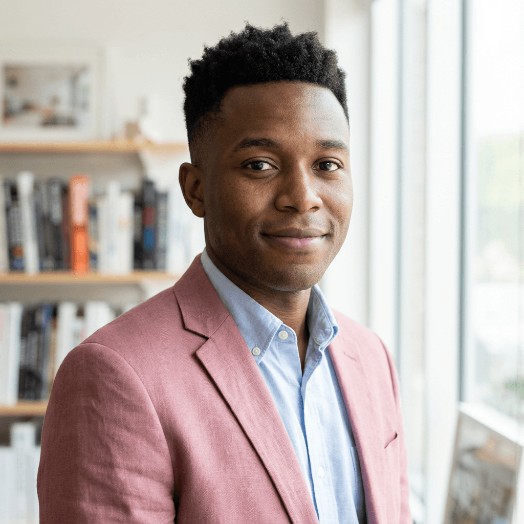 Marcus Reid with a calm expression in a welcoming salon setting