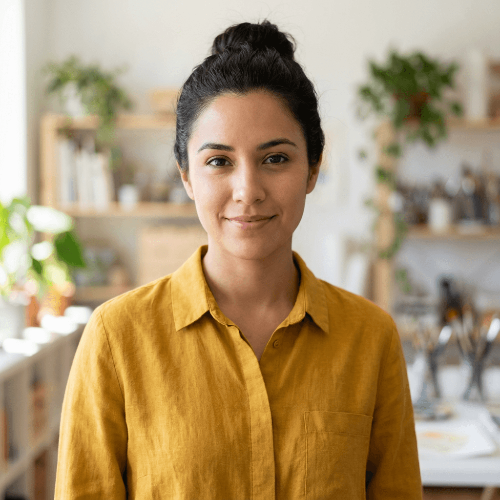Sofia Ramirez smiling naturally in a cozy salon interior