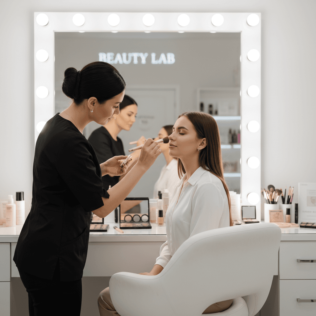 Makeup artist applying makeup on a client in a professional beauty studio