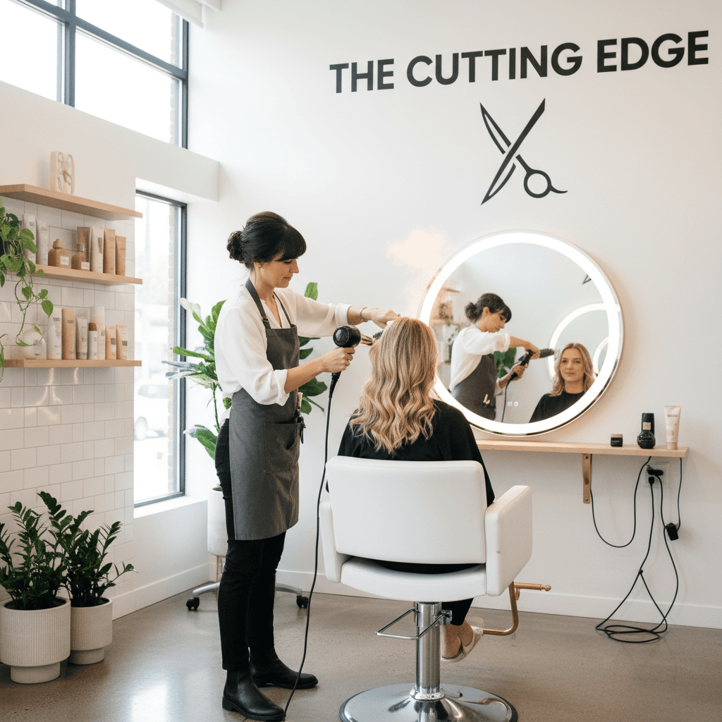 Hairstylist styling a client's hair in a bright modern salon