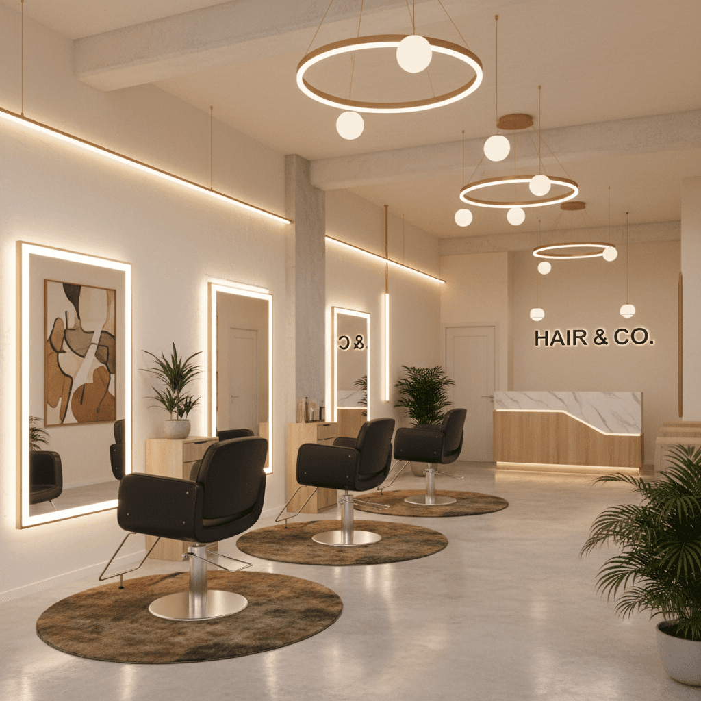 Modern beauty salon interior with styling chairs and warm lighting