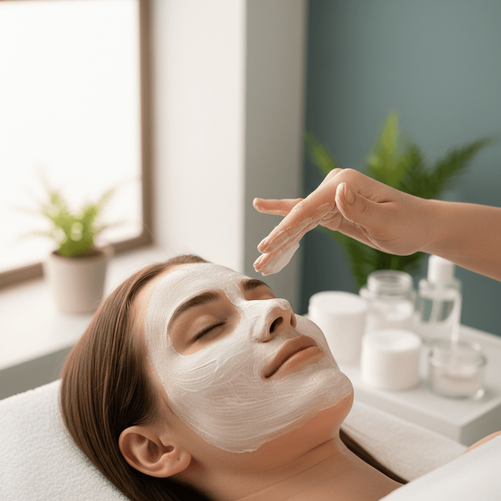 Woman receiving a relaxing facial treatment in a modern beauty salon