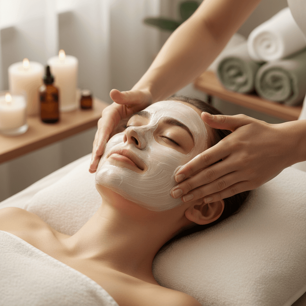 Beauty professional applying skincare product to a client's face