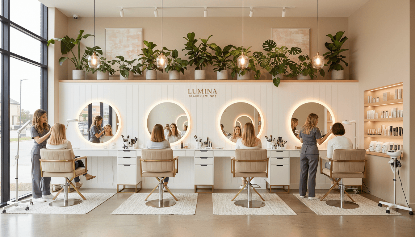 Woman smiling softly in a bright and modern beauty salon