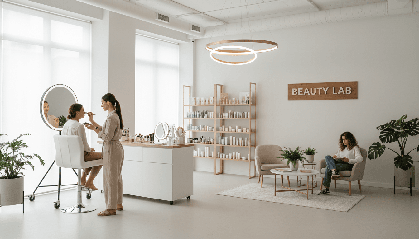 Beauty professional welcoming a client in a warm modern studio