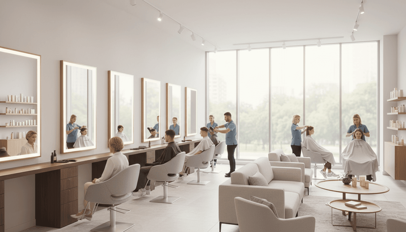 Bright and welcoming beauty salon interior with styling chair