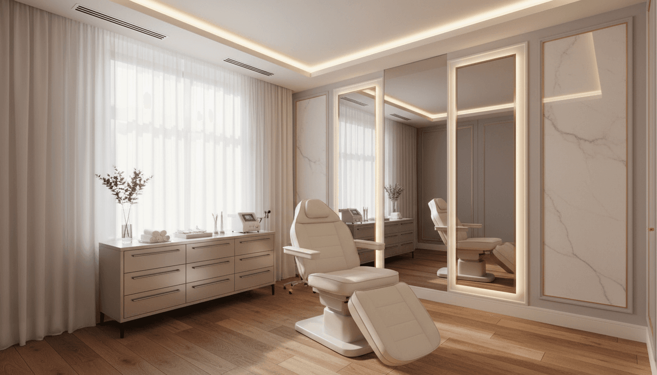 Clean and inviting beauty treatment room with soft lighting