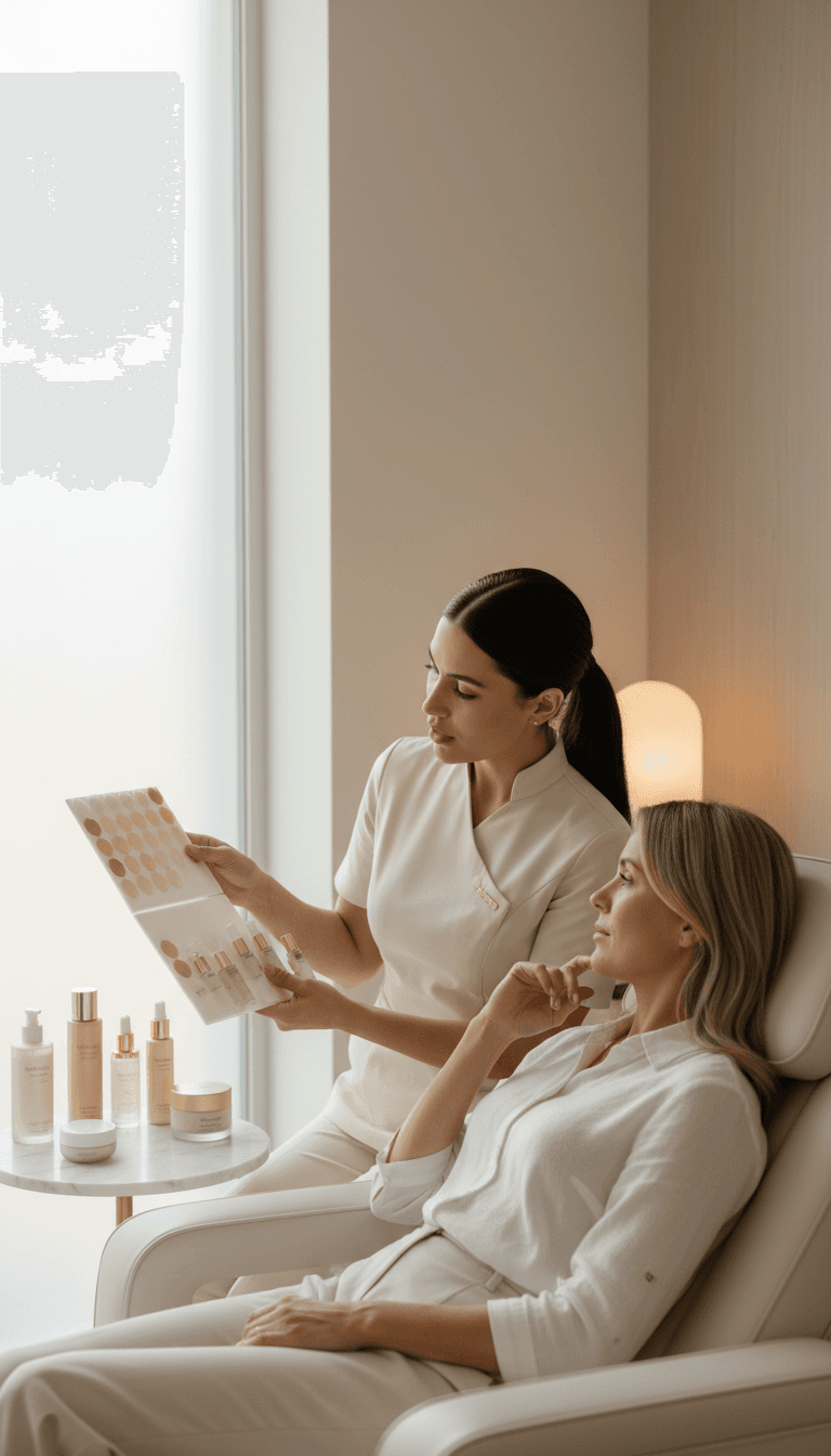 Beauty professional talking with a client at a bright reception desk